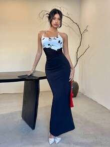 EastFlair Women's Long Floral Print Ruched Waist Bodycon Dress - Black - View 4