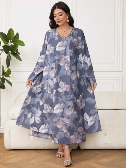 Al Najma Plus Size V-ringad långärmad All-Over Print Top och Casual Dress 2 delar Set
