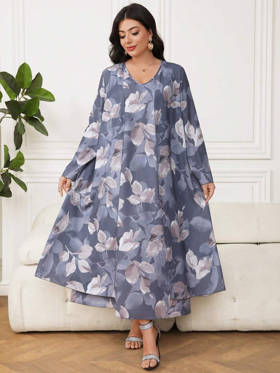 Al Najma Plus Size V-Neck Long Sleeve All-Over Print Top And Casual Dress 2 Pieces Set - Multicolor - View 1