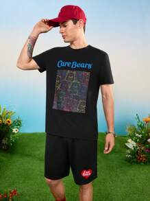 SHEIN X Care Bears 男式中性休闲针织霓虹条纹和熊印花黑色 T 恤和黑色短裤 2 件套 - 黑色 - 查看 6