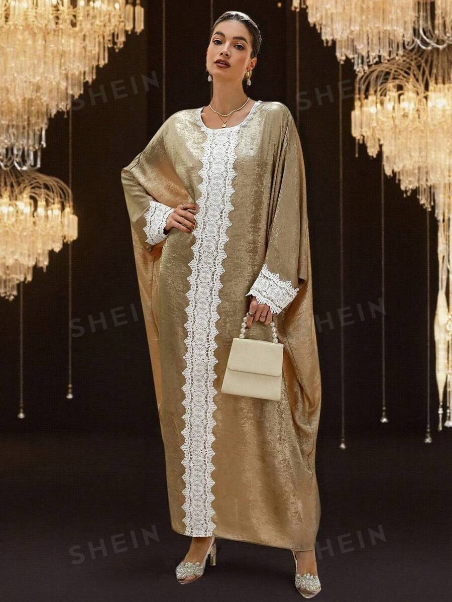 SHEIN Clasi Vestido maxi para Ramadán con mangas acampanadas, encaje decorativo y estampado de lámina dorada, cómodo y suelto, para mujer de talla grande