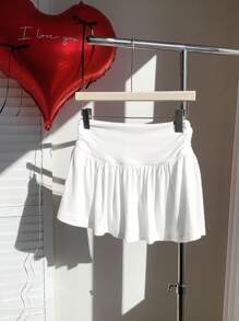 Comfortcana Women Solid Color Minimalist Design Skirt, Suitable For Summer White Ruffle Shorts - White - View 6