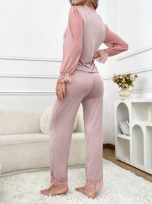 2pcs Women V-Neck Lace Romantic Pajama Set - Dusty Pink - View 4