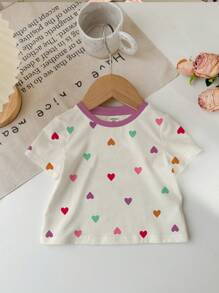 SHEIN Cute Colorful Heart Print Young Girl Casual Simple Round Neck Short Sleeve T-Shirt, Suitable For Summer