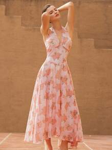 Aveloria Rosie French Elegant Floral Chiffon Dress, Romantic Floral Print, Halter Neck, Deep V-Neck, Waisted, Sleeveless, Vacation/Resort Style Boho Vacation FashionableStyle All Over Print For Summer