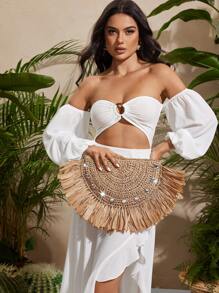 SHEIN SXY Ladies, Women Clutchs, Straw Bag, Fashionable, Elegant, Simple, Personalized, Versatile, Tassels, Diamonds, For Beach, Vacation, Holiday, Summer, Seaside