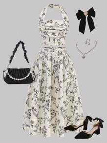 SHEIN Tween Girl 2 Pieces Floral Print Halter Neck Top And Midi Skirt Set