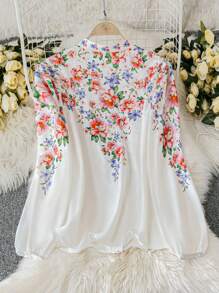 SHEIN LUNE Plus Size Stand Collar Positioned Print Long Sleeve Shirt, Business/Casual Fall Cloth For Women