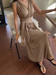 DAZY Đầm dài nữ cổ chữ V không tay, thắt eo, kiểu dáng thanh lịch mùa hè, trang phục công sở nữ, đầm maxi dự tiệc. - màu nâu - Xem 7