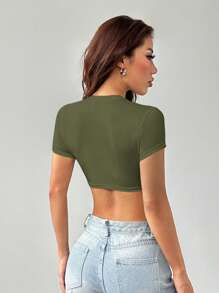 SHEIN PETITE Casual Simple Solid Color Round Neck Cropped Slim Fit Women's T-Shirt - Army Green - View 2