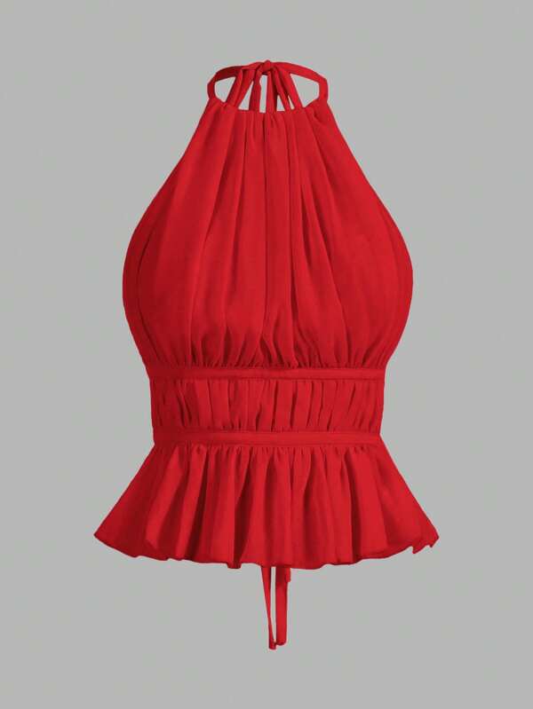 SHEIN PETITE Top sin espalda con cuello de halter con pliegues y cintura con lazo para mujer