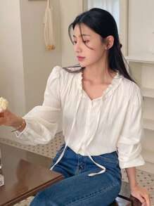 DAZY 女士纯色 V 领褶裥前扣优雅长袖衬衫，返校服装学院风上衣，秋季女装 - 杏色 - 查看 9