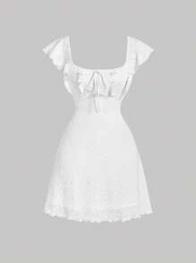 SHEIN MOD 大码女式白色短款飘袖短款上衣连衣裙 - 白色 - 查看 1