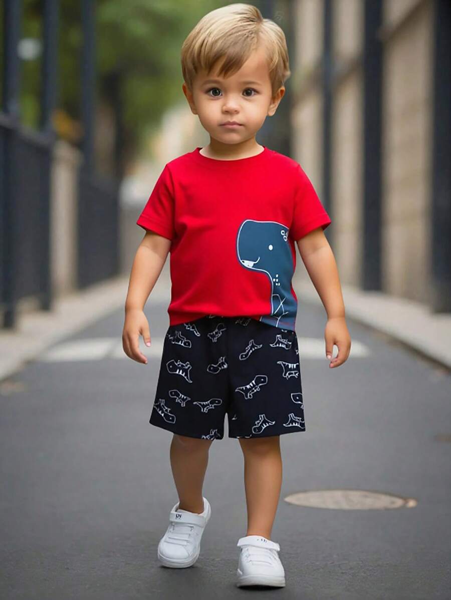 SHEIN Young Boy Cartoon Dinosaur Tee With Track Shorts - Multicolor - View 1