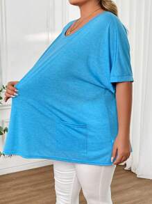 SHEIN CURVE+ Áo thun cổ tròn in hoa nhiều màu tay cánh dơi có túi cỡ lớn - Xanh đậm - Xem 7