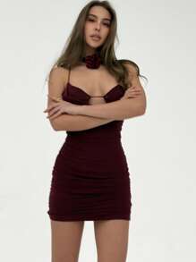 Aloruh Elegant Accordion Pleated Hollow-Out Cross Back Mini Bodycon Slip Dress, Fashionable For Dates - Burgundy - View 4