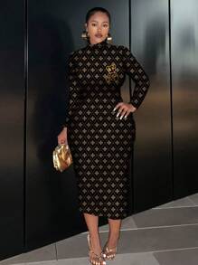 Slaydiva Casual Minimalist Plus Size Bear Pattern Long Sleeve Bodycon Dress, Suitable For Spring & Autumn And Winter Chic Dress, Spring Break - Multicolor - View 6