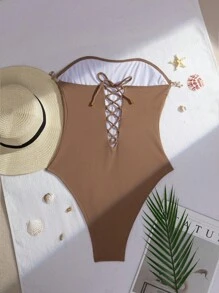 Swim SXY Springbreak Women's New Solid Color Summer Beach One-Piece Swimsuit, Hollow-Out Back, Criss-Cross Straps, Shell & Starfish Decor, Ribbed Beach Vacation Summer One Piece Swimsuit