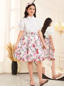 SHEIN Leap Crew 青少年女孩优雅领口荷叶边和水钻装饰衬衫上衣和裙子 2 件套 - 白色 - 查看 7