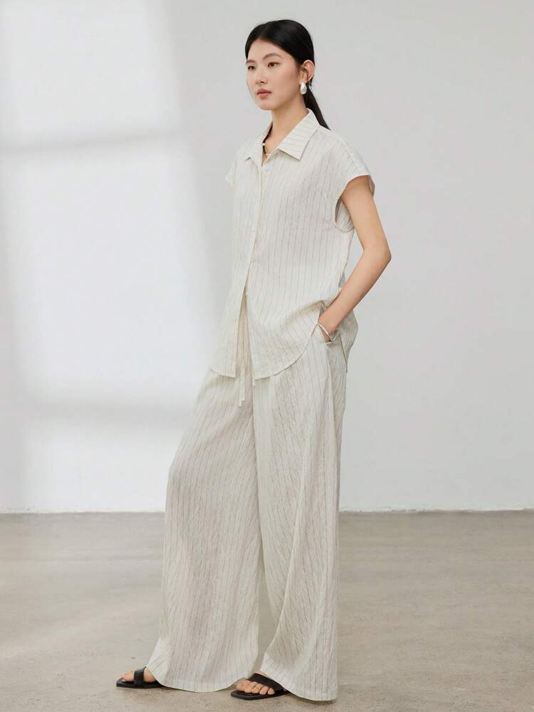 2 Pcs Set Women Casual Loose Striped Business Style Suit Old Money Style Linen