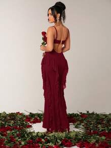 Silquee Vestido sexy y elegante de color rojo sólido con tirantes de espagueti, volantes, cola de pez, espalda descubierta, botones metálicos, flor 3D y cinta, adecuado para fiestas de cóctel, citas románticas, vestido de malla de punto, reuniones, eventos formales, vestidos de dama de honor, salidas nocturnas, vestido de Halloween, vestido de Navidad, vestido extra largo