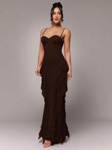 Silquee Váy dài hở lưng hở lưng màu đỏ thanh lịch gợi cảm cổ chữ V không tay nhiều lớp viền xếp nếp, nút kim loại trang trí hoa, thích hợp cho tiệc cocktail, hẹn hò lãng mạn, váy lưới đan, tiệc tùng, tụ họp trang trọng, váy phù dâu, đi chơi buổi tối, Halloween, Giáng sinh, váy siêu dài - Cà phê nâu - Xem 5