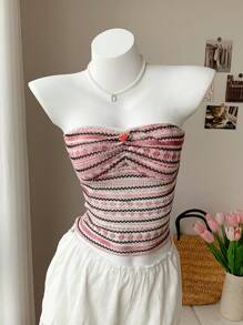 Comfortcana Summer Top Women Bathing Suits Tube Top Pink Lace Striped Top - Multicolor - View 1