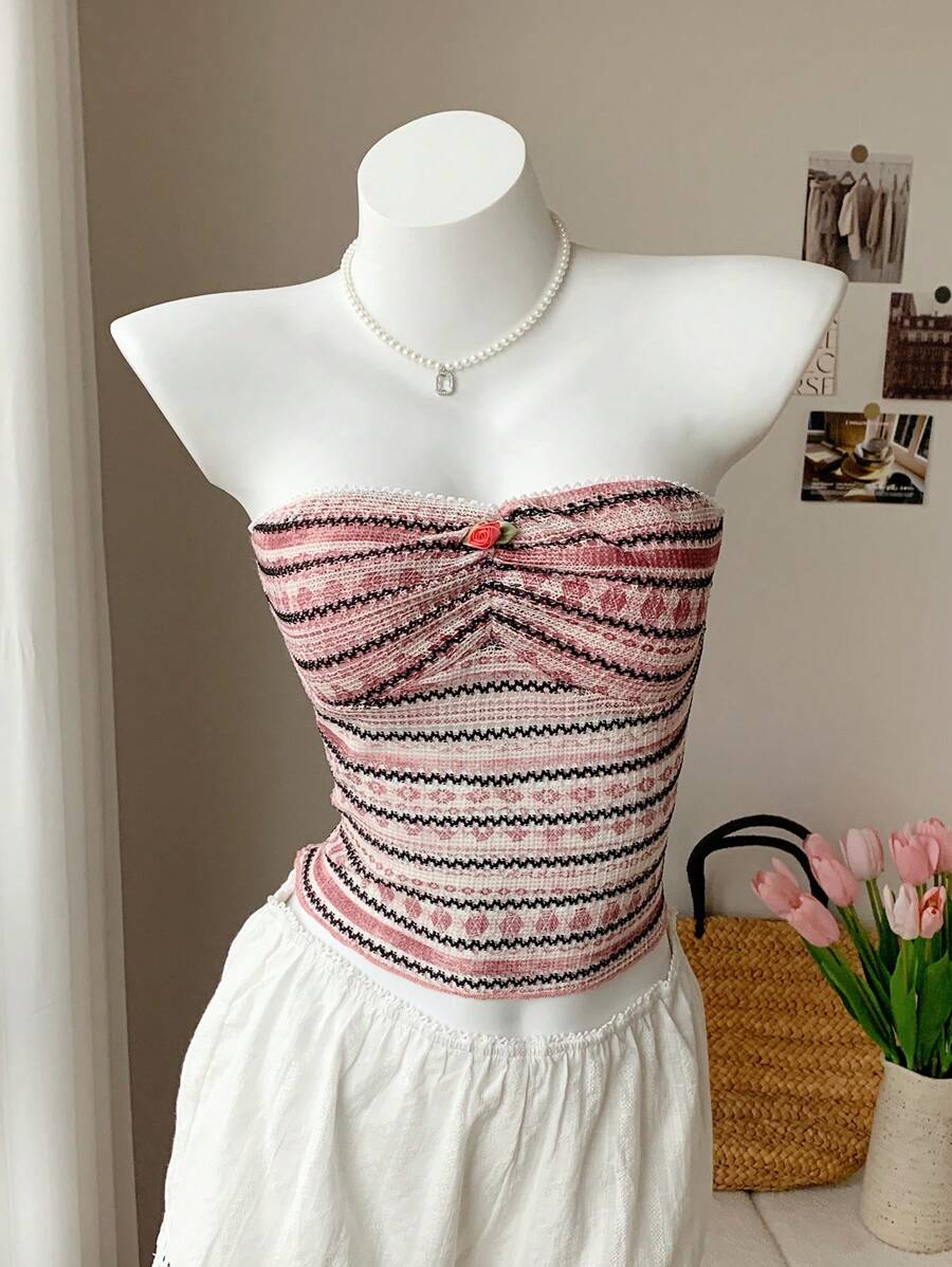 Comfortcana Summer Top Women Bathing Suits Tube Top Pink Lace Striped Top - Multicolor - View 1