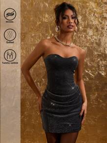 COSMINA 秋季圣诞亮片褶饰迷你连衣裙 - 黑色 - 查看 6