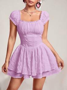 SHEIN PETITE Vestido de mujer con cuello cuadrado, dobladillo con volantes y pliegues de unicolor