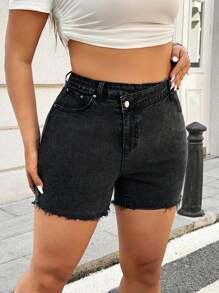 SHEIN EZwear Plus Size Solid Color Pocket Bodycon Denim Shorts - Black - View 4