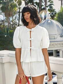 SHEIN EZwear 2pcs/Set Women's Solid Color Bow Decor Short Puff Sleeve Top And Shorts - White - View 8
