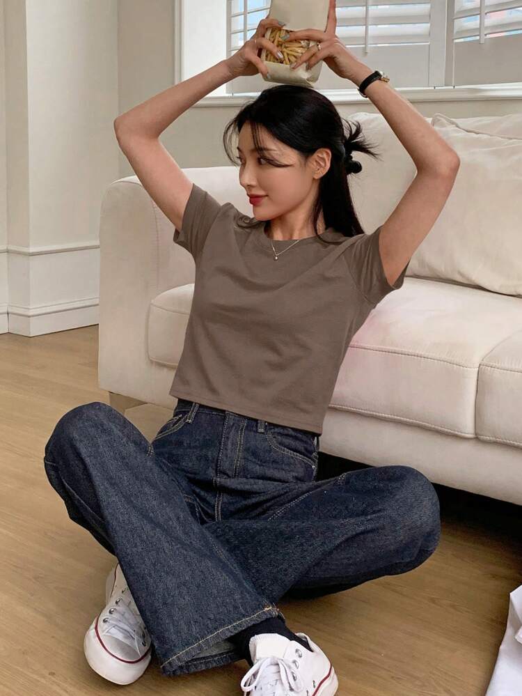 Women's Round Neck Short Sleeve Solid Color Simple Style All-Match T-Shirt, Casual Daily Wear Summer