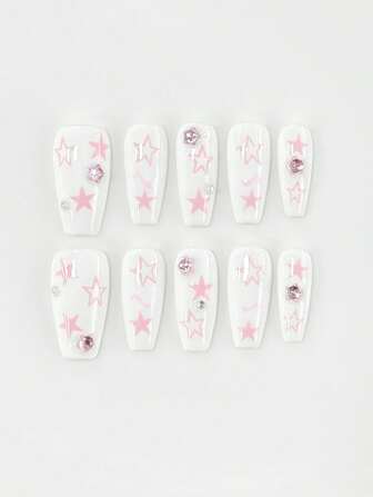 Kawaii 10 Stücke süße handgemachte Sternchen Kunstnägel + 3 Blatt doppelseitiges Klebeband, abnehmbare handbemalte Nagel-Sticker, hochwertige Y2K Strass glänzende Nail-Art, geeignet für Feiertage, Partys, Tanzen und den täglichen Gebrauch