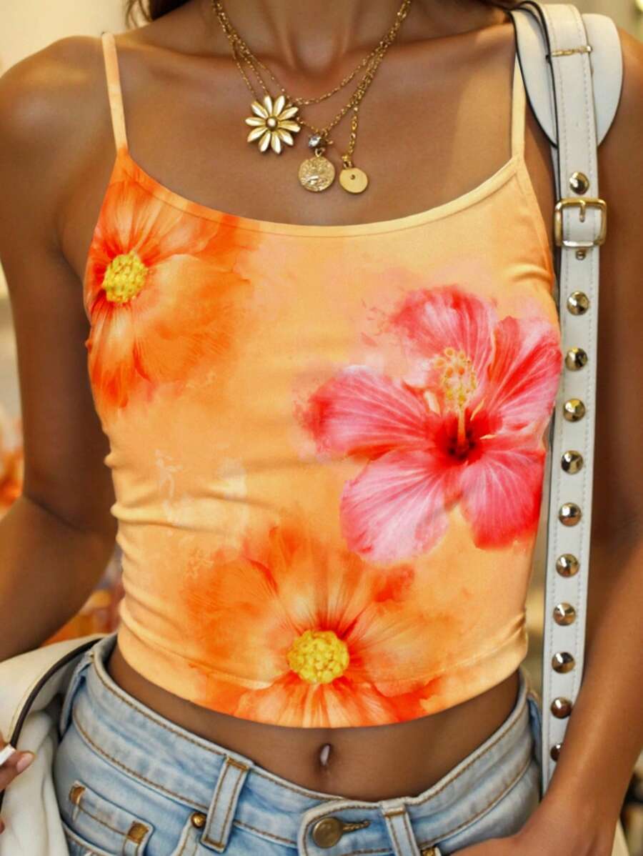 SHEIN EZwear 女士休闲性感花卉印花背心，紧身版型 - 白色 - 查看 1