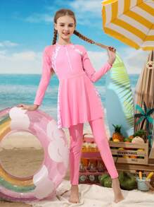 SHEIN Girls' Long Sleeve Leaf Print Zipper Rashguard & Skirt Swimsuit Set, Pink, Sweet & Energetic