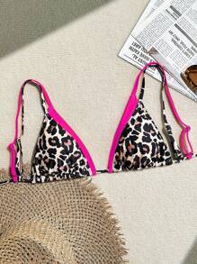 SHEIN Springbreak Leopard Print Triangle Halter Neck Women Swimwear Spaghetti Strap Top - Hot Pink - View 1