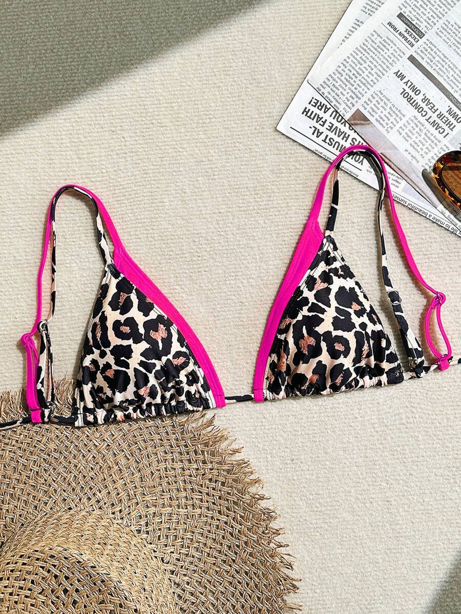 SHEIN Springbreak Leopard Print Triangle Halter Neck Women Swimwear Spaghetti Strap Top - Hot Pink - View 1