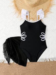 Tween 女童简约时尚休闲连体泳衣，适合日常穿着 - 黑與白 - 查看 7