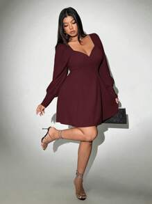 Viva Relle 大码纯色简约长袖连衣裙，夏季时尚 - 紅木色 - 查看 3