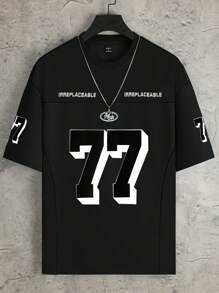 Manfinity Campus Court 男士休闲字母与数字印花短袖 T 恤，夏季，男士球衣，男士足球球衣 - 黑色 - 查看 1