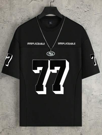 Manfinity Campus Court Męska koszulka z krótkim rękawem i nadrukiem liter i cyfr, lato, męskie koszulki, koszulka piłkarska męska