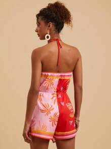 Travachic 棕榈树印花梭织女式连体裤，春夏装，女士沙滩装，女士西部装，春假装，女士演唱会装，波西米亚风，狂欢装，热带度假，节日装，女士浪漫休闲夏季装，热带装 - 玫紅色 - 查看 2