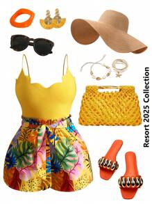 Slaydiva Quần yếm đi nghỉ mát mùa xuân và mùa hè mới có cổ áo gợn sóng, áo vest ngắn + đai lưng nấm có thiết kế nơ, quần short in hình lá nhiều màu sắc toàn bộ cho nữ Bộ hai mảnh - Nhiều màu - Xem 5