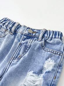 Pantalones cortos vaqueros ligeros azul claro lavados, versátiles y de moda minimalista, para niño casual con roturas - Lavado ligero - Ver 5