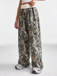 SHEIN Tween Girls Spring/Summer Back To School Basic Knit Camo Stretchy Comfortable Army Green Wide Leg Sweatpants - Green - View 3