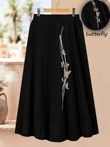 Lacomfia Plus Size Casual Butterfly Print Skirt - Black - View 1
