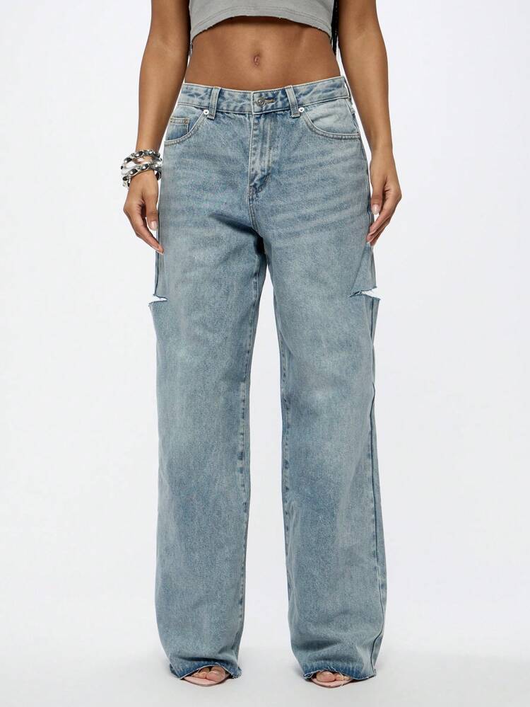 韓国発!【ADIN】W line Half Banding Wide Damage Denim Pants MHZLDYZ Kids Girls Ripped Denim Pants Distressed Washed