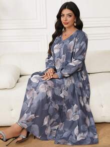 Al Najma Plus Size V-Neck Long Sleeve All-Over Print Top And Casual Dress 2 Pieces Set - Multicolor - View 4