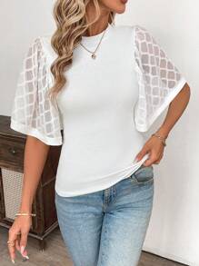 SHEIN Clasi Round Neck Ruffle Sleeve Form-Fitting Women Short Sleeve T-Shirt - White - View 5